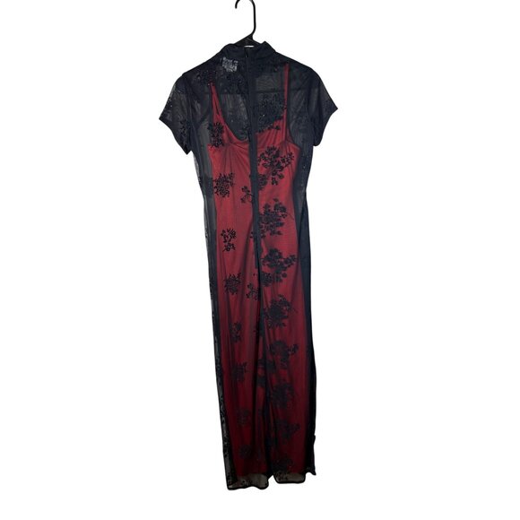 Vintage Arianna by Rachel Kaye Size 6 Black Red Velvet Burnout Mesh Maxi Dress - Picture 2 of 5